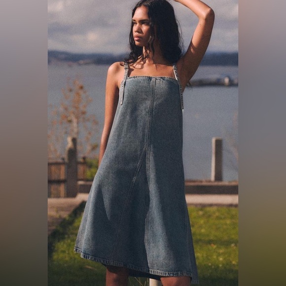 Zara Denim Suspender 100% Cotton Midi Dress - Picture 2 of 12